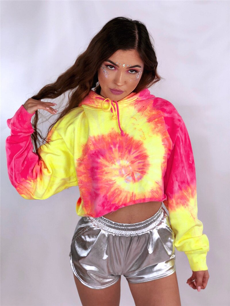 Delle donne Breve Tie Dye Hoodie Felpe A Manica Lunga con Coulisse Casual Stile Pullover Delle Signore Con Cappuccio Felpe