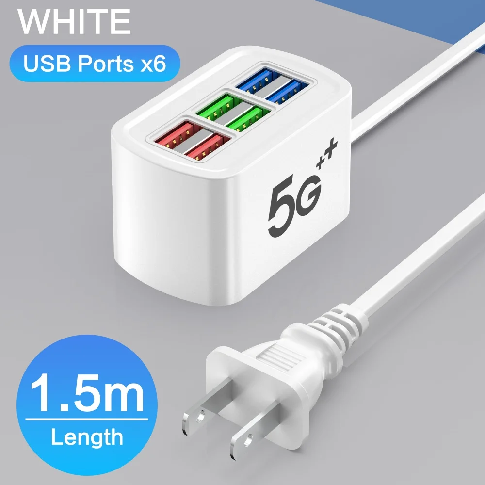 6 usb usb-strømskinne telefonlader universaladapter multiport ladehode stikkontakt eu us-plugg vegglader stikkontakt hub splitter: Ch