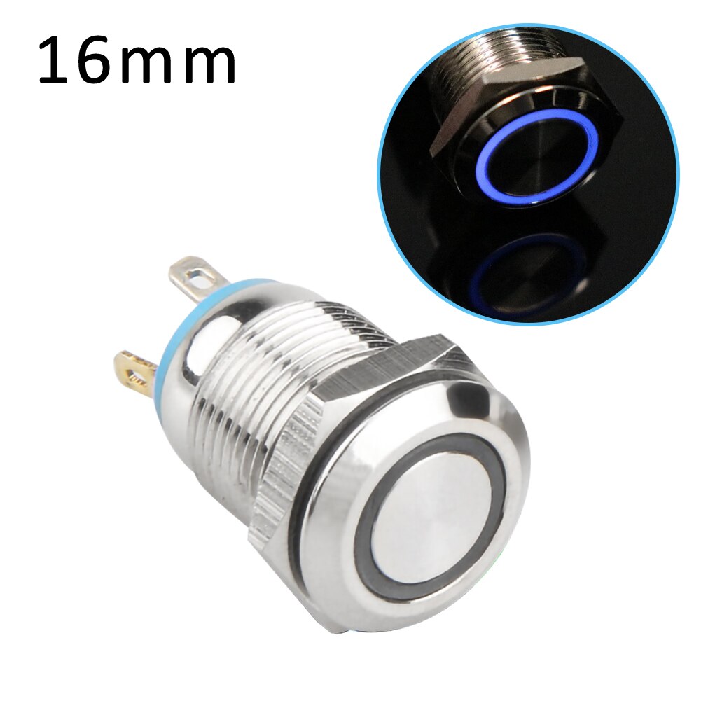 Interruptor de botón de Metal de 16mm, luz LED momentáneo impermeable, botón de encendido de autobloqueo de 12V, conector para botón: Blue