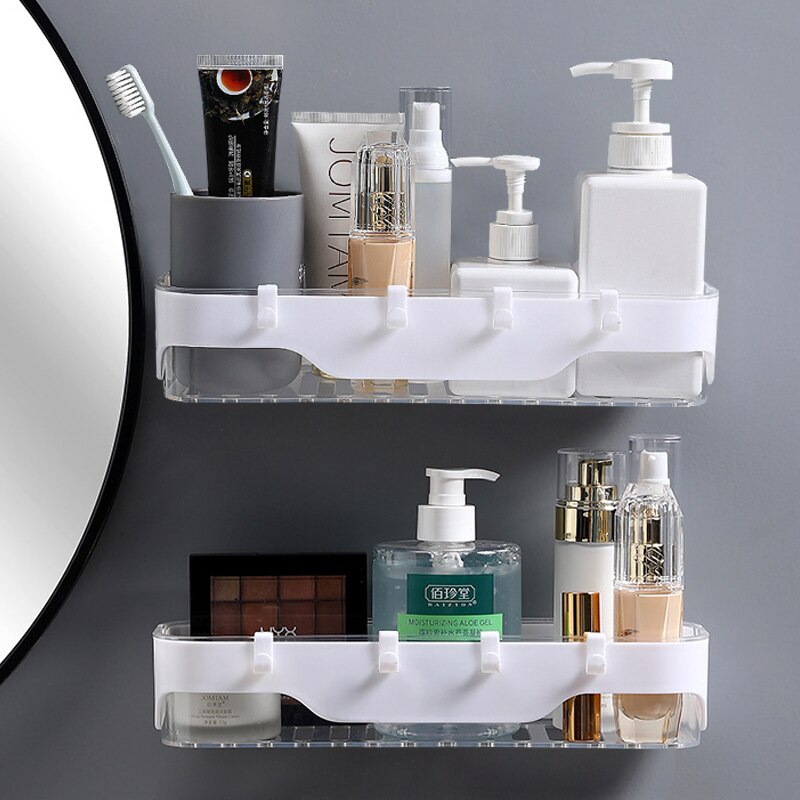 Wall-mounted Storage Rack Bathroom Shelf For Kitchen With Hooks Storage Bathroom Accessories Without Drill Plastic Container: Transparent-2pcs