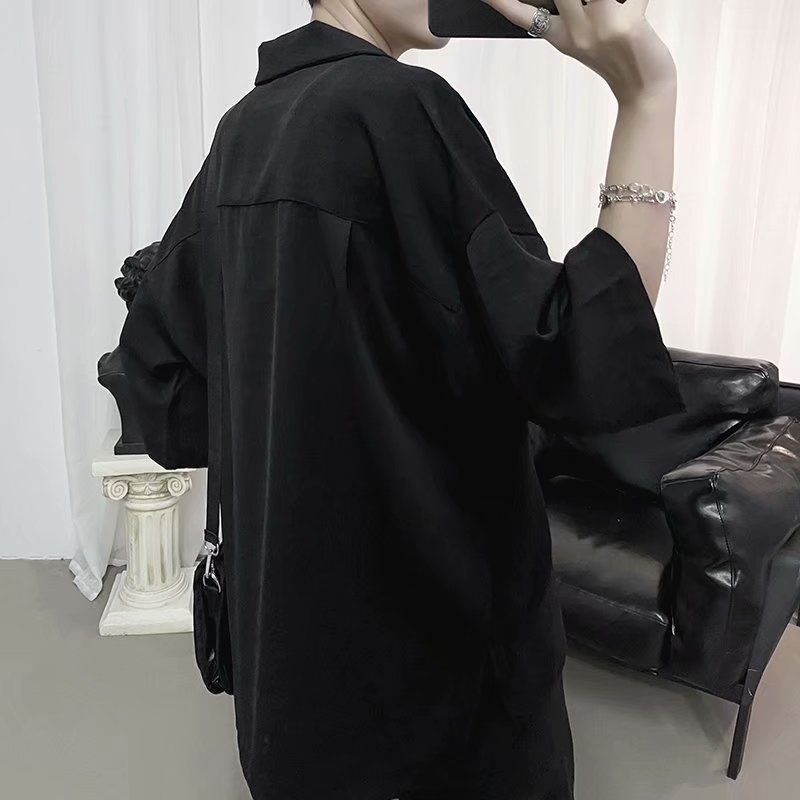 Camisas manga de verano de tres cuartos para hombre, cuello vuelto, lado posterior, corte coreano, estilo Harajuku suelto, combina con todo, ropa de calle Chic