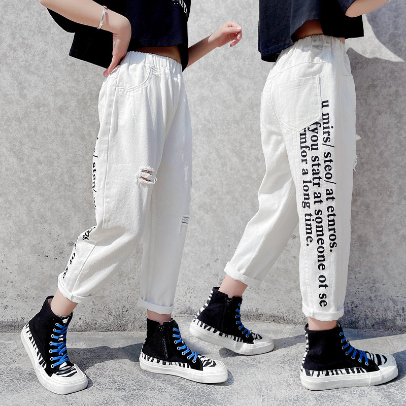Pantalon en Denim blanc pour adolescentes de 4 à 14 ans, nouvelle de printemps, avec lettres imprimées, Jeans déchirés de Style coréen, vêtements pour enfants,