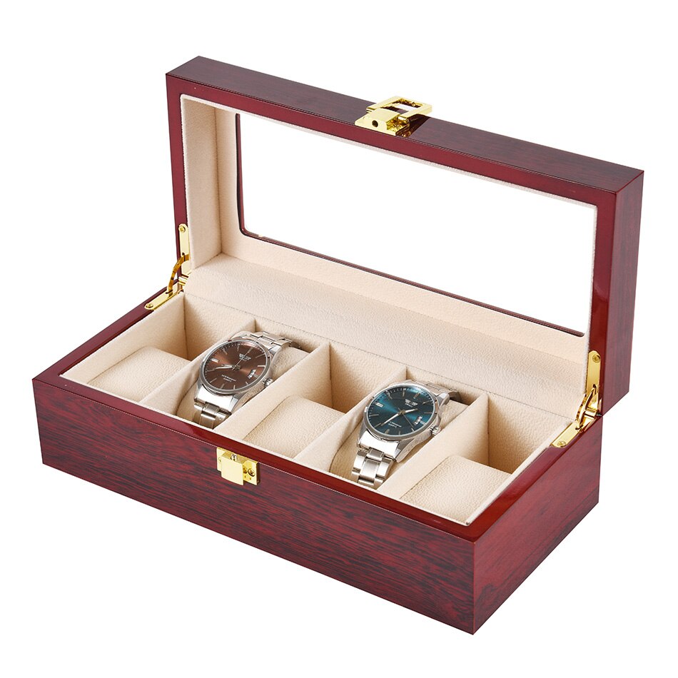 2/3/5/6/10/12 slots urkasseopbevaring med rødt sort træglaskasse armbånd display kiste ure holder kiste #2