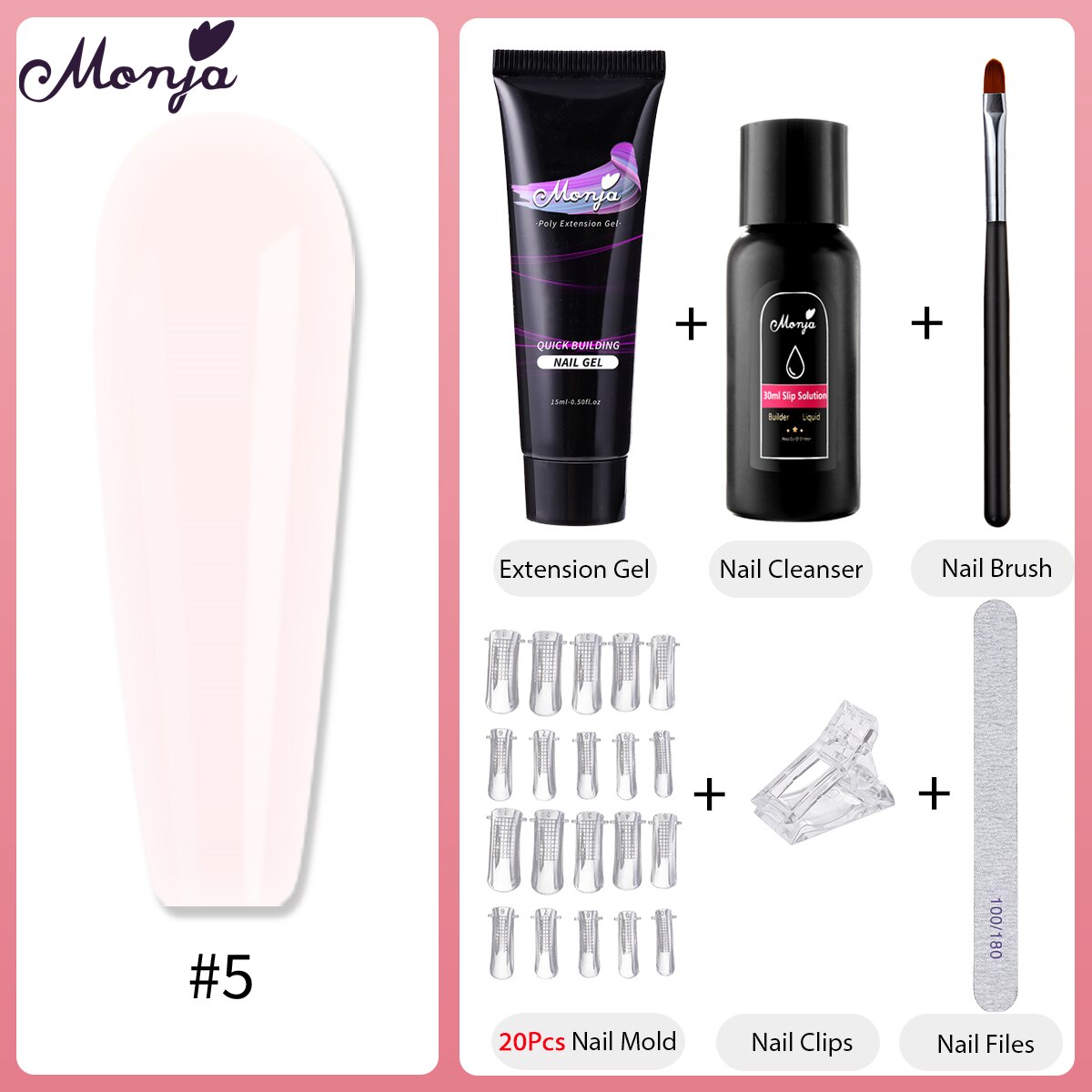 Monja 6 Stks/set Nail Art Uitbreiding Kit Acryl Uv Gel Nail Files Nail Mallen Builder Schilderen Borstel Anti Oplossing Diy manicure Set: 5