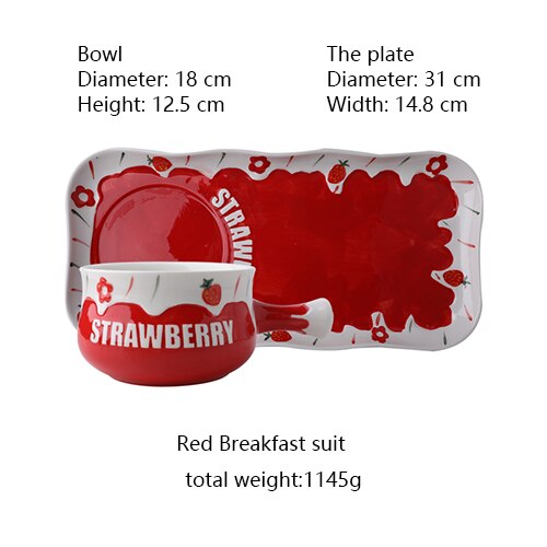 Juego de vajilla de cerámica con relieve, cuenco con mango, estilo nórdico, para desayuno, platos de postre, ensalada de leche, tazón con asa: Red-set