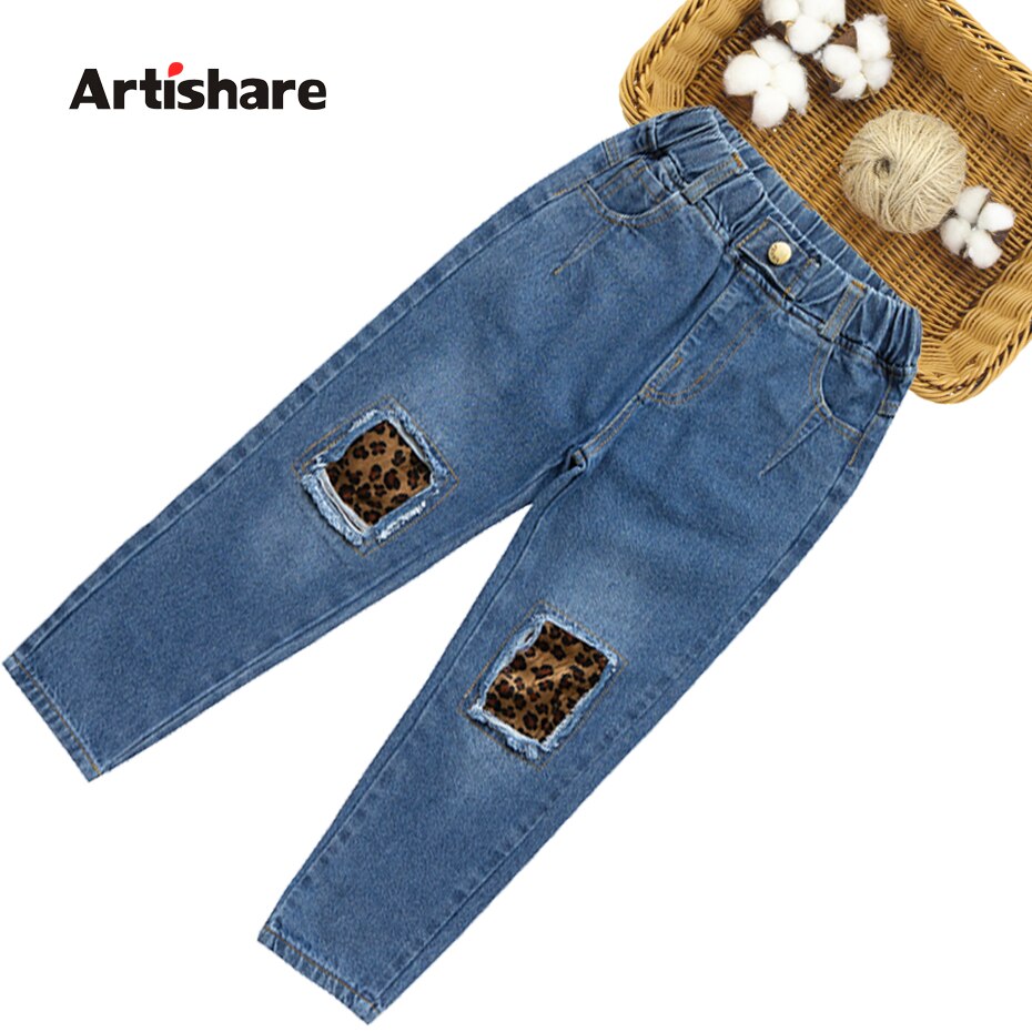Jeans til piger leopard piger jeans bukser med hul efterår jeans børn casual stil tøj til piger 6 8 10 12 14