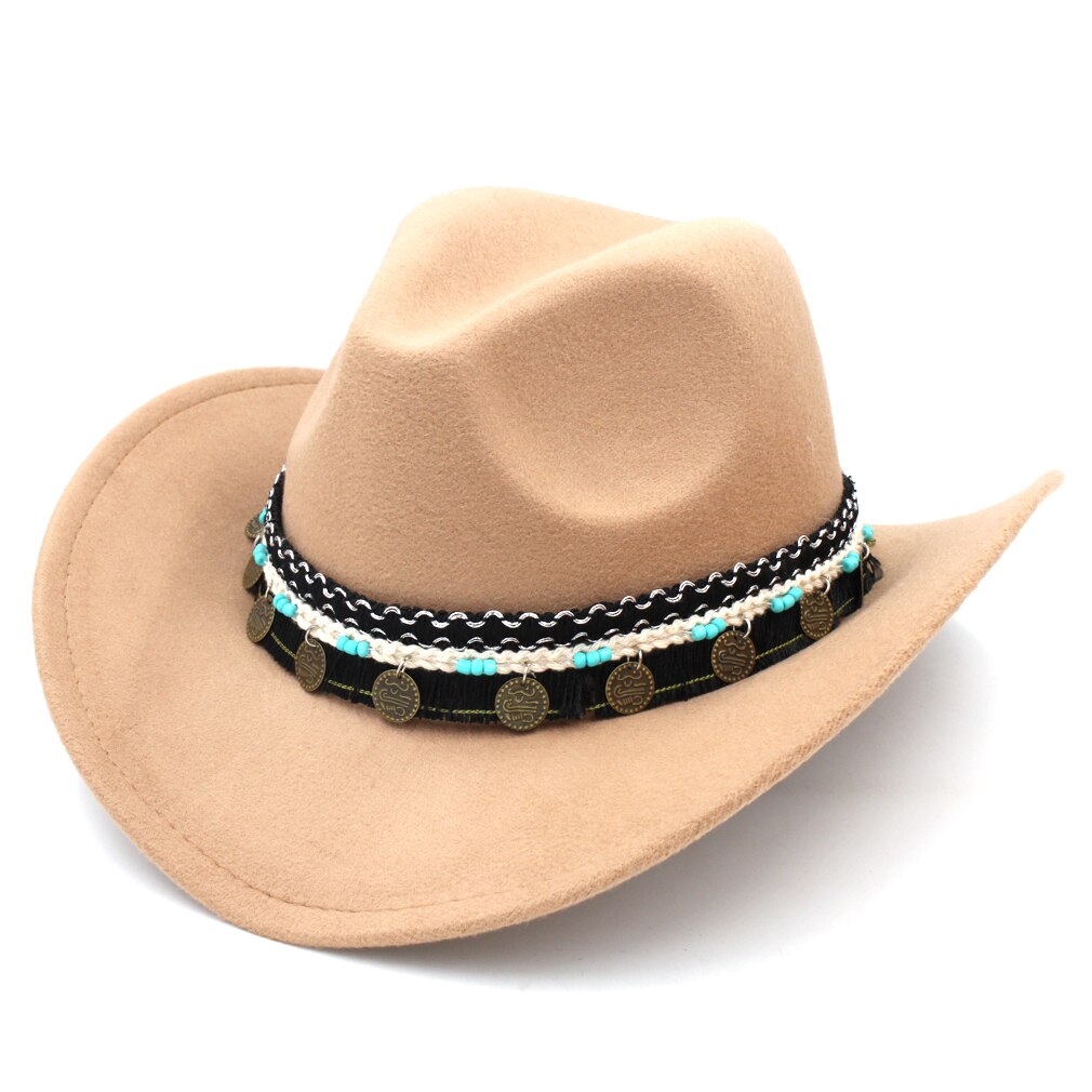 Mistdawn mænd kvinder uld bred skygge western cowboy hat cowgirl kostume kasket størrelse 56-58cm bbc: Khaki