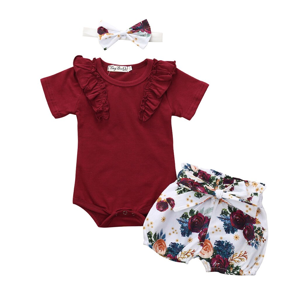 3Pcs Newborn Kids Baby Girls Outfits Clothes Set Casual Loose Floral Romper Jumpsuit Bowknot Shorts Set Clothing Costume Infant: E / 6-12 Months