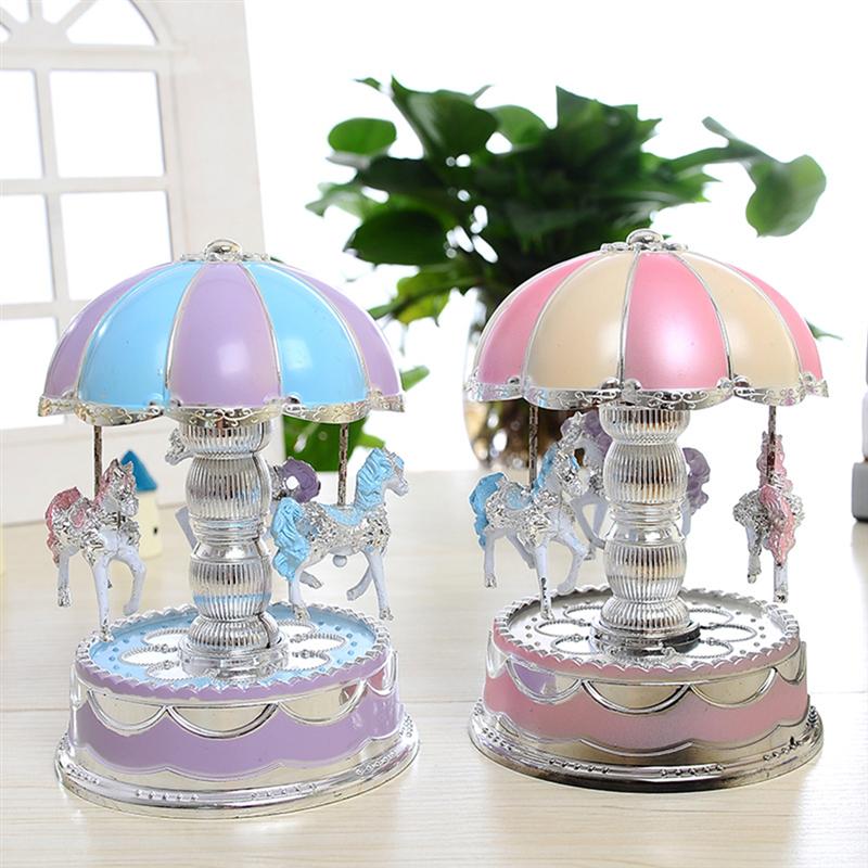 Luxury Carousel Music Box 3 Horses Rotate LED Light Luminous Rotation (Pink)