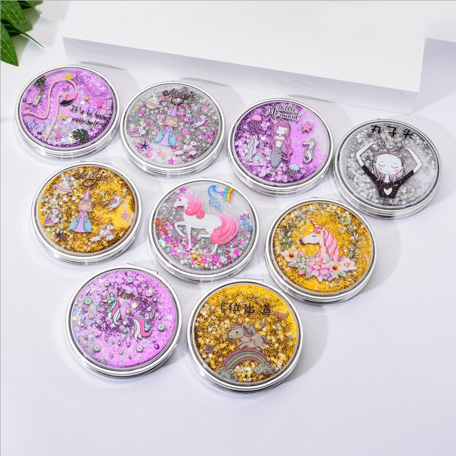 Unicorn Makeup Mirror Compact Pocket Portable Double-Sided Folding Cosmetic Mirror With flowing sparkling sand T0243