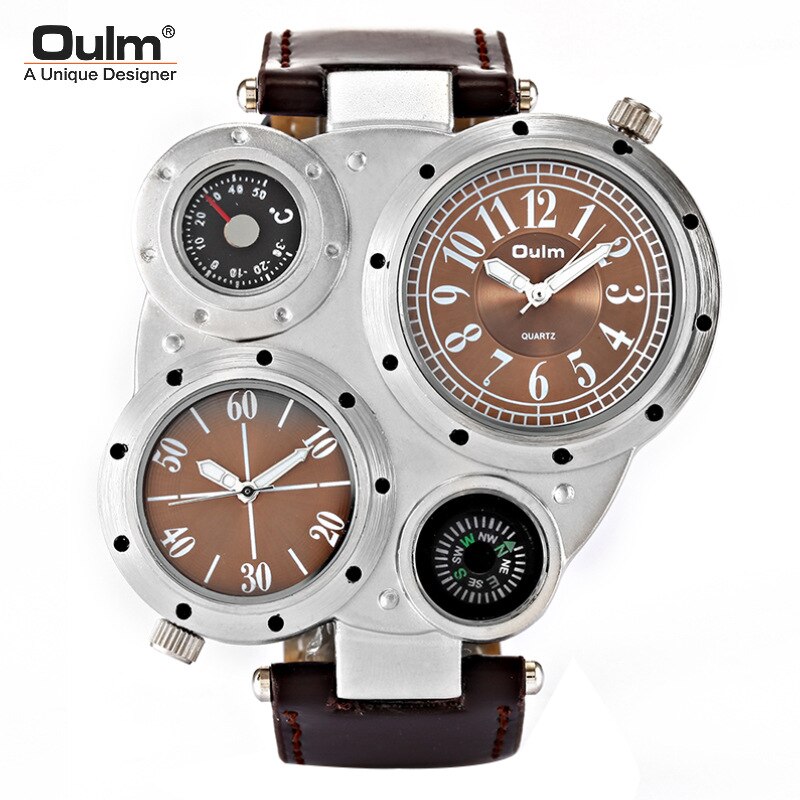 OULMHP9415 Met Kompas Multi-Tijdzone Horloge Mannen Persoonlijkheid Horloge Lederen Band Mannen Quartz Horloge