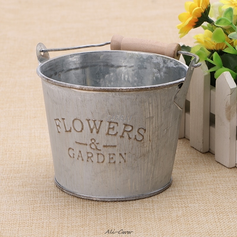 Vintage galvaniserad metall järn blomma trädgård shabby vas kruka fat planter dekor skrivbordet blommor vas för heminredning