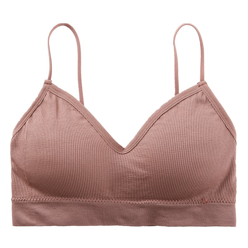 7 kleuren v-hals dames bh onderkant draad brei bh spaghettibandjes ondergoed zonder beugels gewatteerde naadloze topjes: Dousja