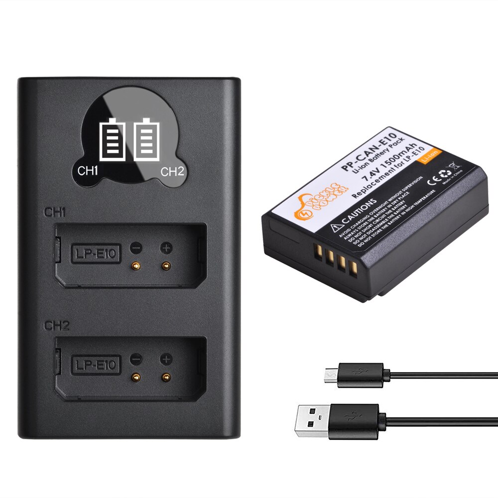 2 uds LP-E10 LP E10 LPE10 de batería de la cámara y Cargador USB LED para Canon 1100D 1200D 1300D 2000D beso X50 X70 rebelde T3 T5.: Charger and 1Battery