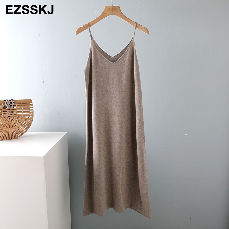 Chic a-line basic forår sommer kjole stropløs strikkjole kvinder løs camisole oversize lang kjole kvinde strik maxi kjole: Khaki