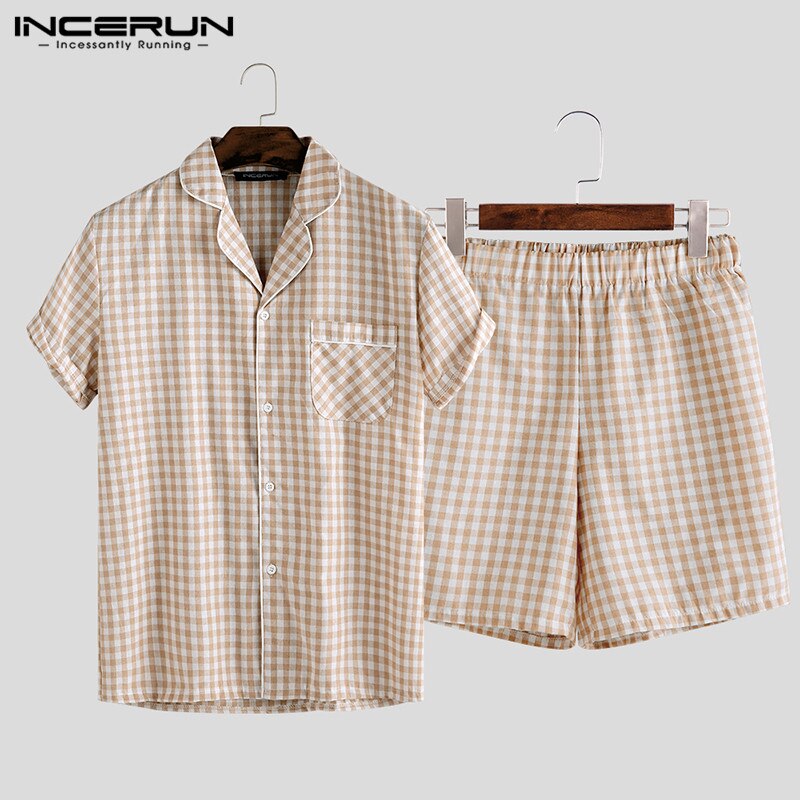 Summer Pajamas Sets Men Plaid Lapel Button Short Sleeve Cotton Sleepwear Tops Shorts Soft Unisex Homewear Pyjamas Sets INCERUN