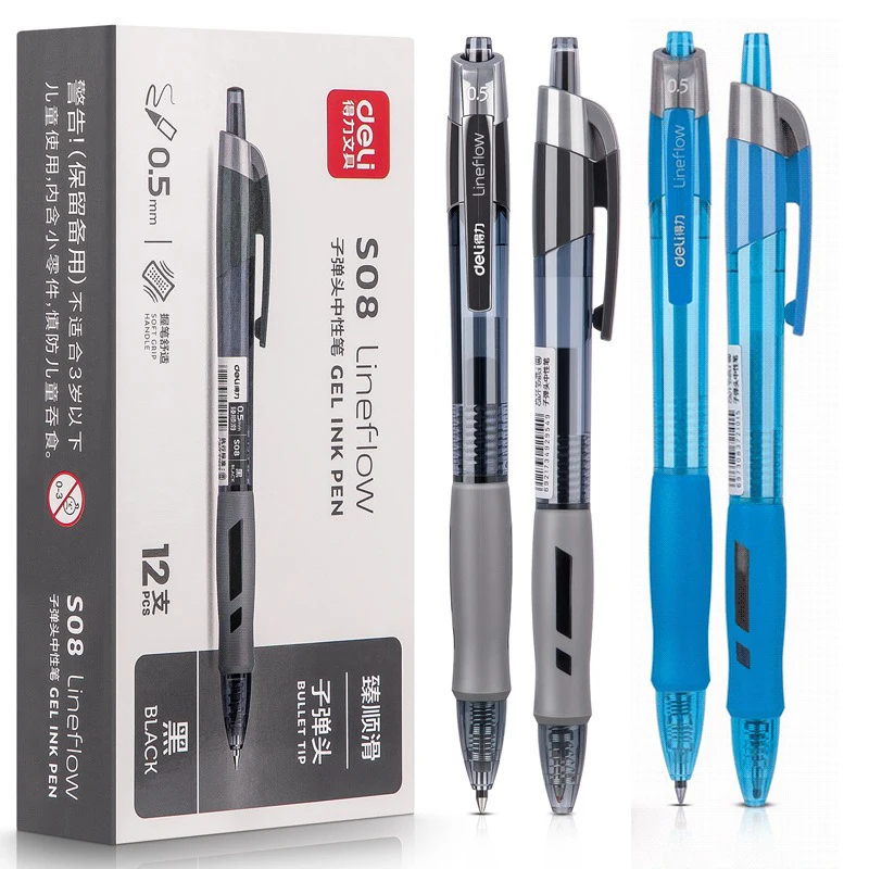 deli Retractable Ballpen Gel Pens 3Pcs Set Black Blue Ink 0.5mm Ballpoint Replaceable Refills Office School Supplies Stationery