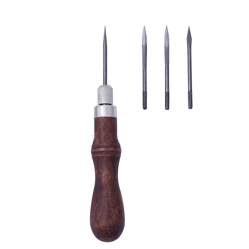 4 in 1 Leather Tools Sewing Awl Needles DIY Wood Handle Leather Stitching Awl Sewing Scratch Awl Canvas Leathercraft