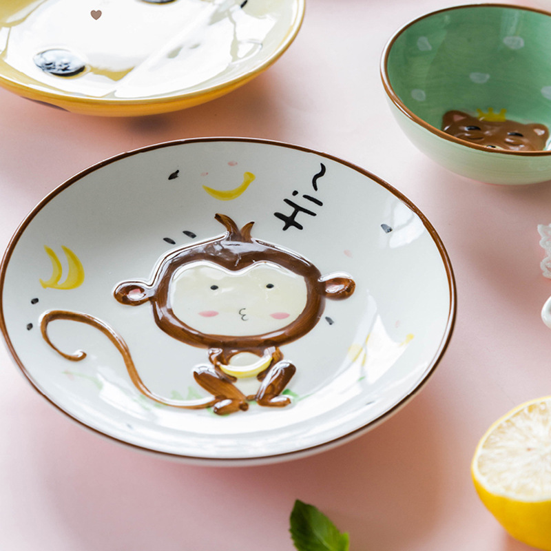 Ceramic Children Plate Tableware Household Cute Cartoon Animal Baby Dinner Plate Grid Plate Breakfast Bowl Dinner Set