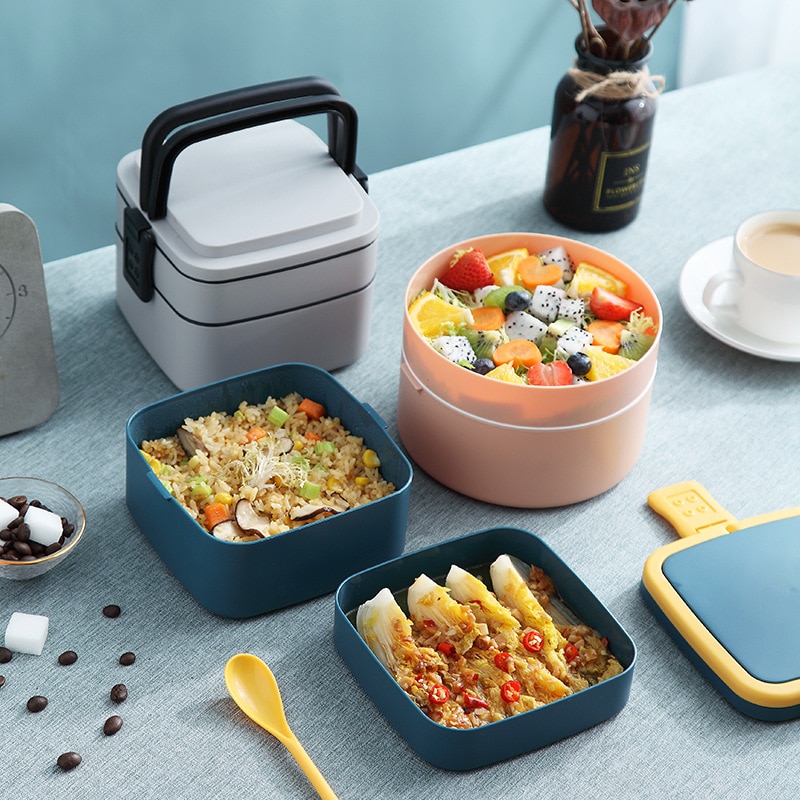 Portable Double-Layer Container Food Carrying Portable Lunch Box Student Bento Box Plastic Microwave Food Storage