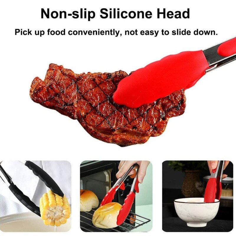 2PCS Food Tong Stainless Steel Kitchen Tongs With Non-Stick Silicone Tips Built-in Stand Clip Tong For BBQ, Salad, Grilling, Fry