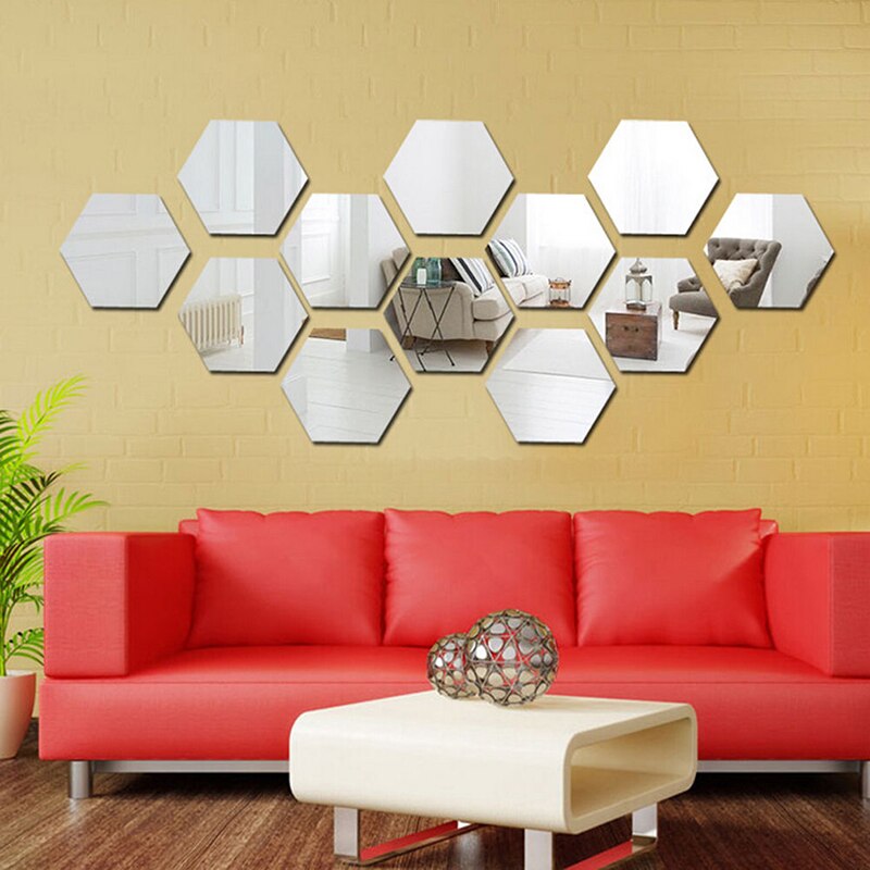 Pegatinas de pared de espejo 3D, hexagonales dorados y plateados, Espejos decorativos, adhesivos de adorno extraíbles para decoración para el hogar, suministros personalizables