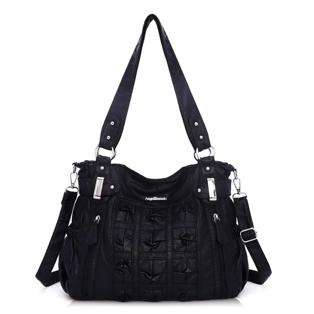Angel Barcelo femmes sacs à main PU sac à bandoulière plissé sac à bandoulière doux dames cartables grande capacité portefeuille: Black