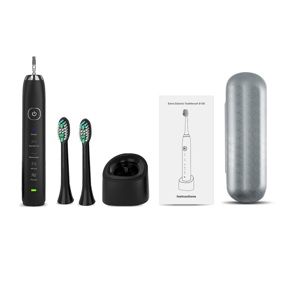 Sarmocare S100 Ultrasonic Sonic Electric Toothbrush LED indicator toothbrushes IPX7 Waterproof 5 models Wireless rechargeable: black and 2 heads