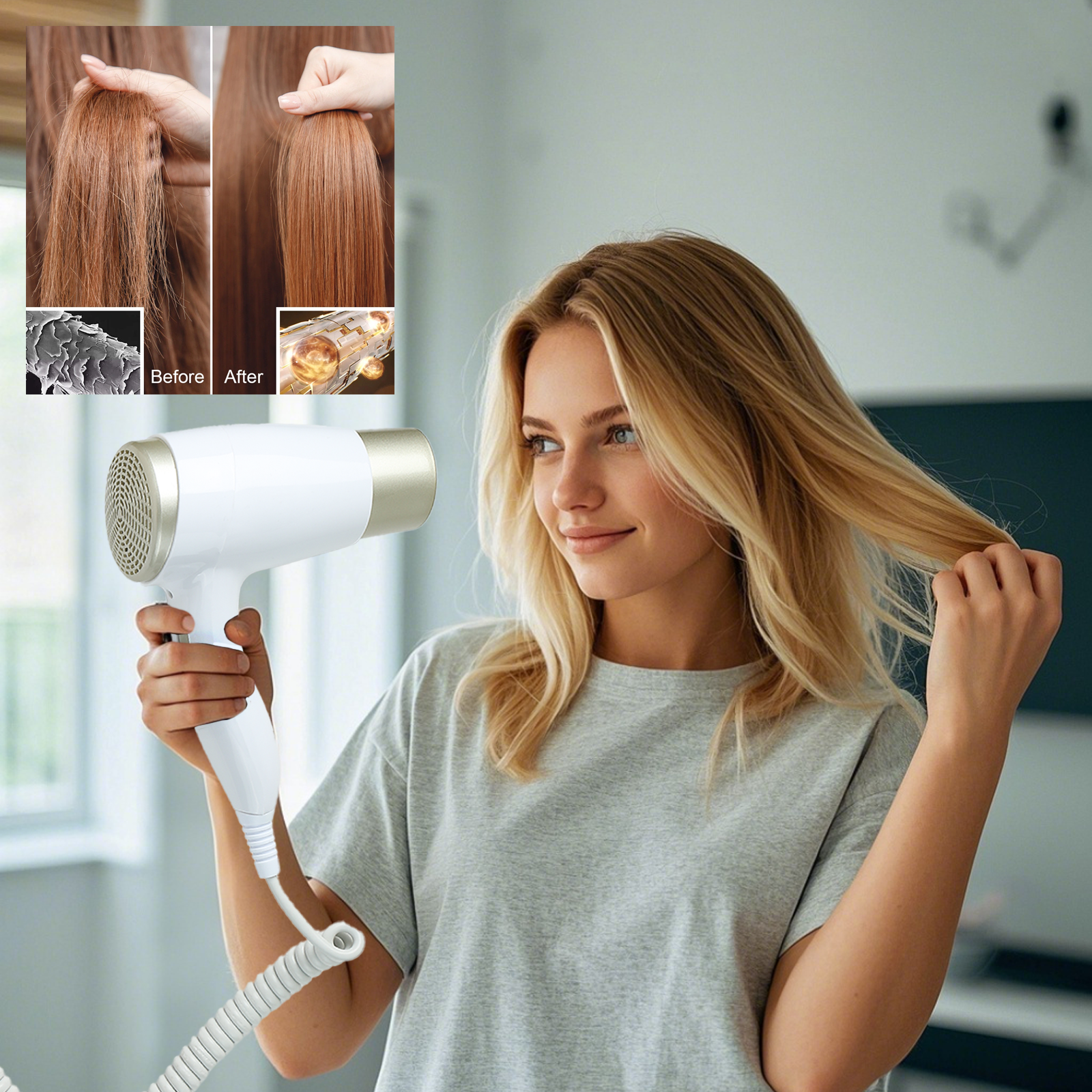 GMDQ secador de pelo de viento y frío, soplador eléctrico de iones negativos con soporte de enchufe, enchufe europeo negro, montaje en pared para baño y Hotel