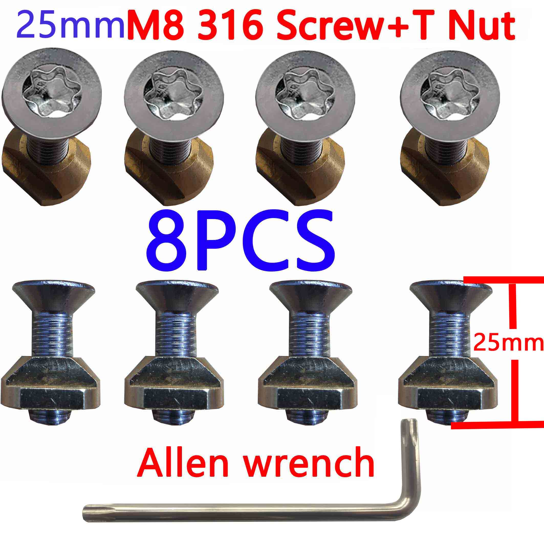 Tornillos Hydrofoil M8 (25mm y 30mm) Montaje t-nuts 316 Hydrofoil pistas Accesorios: M8-8-25-b