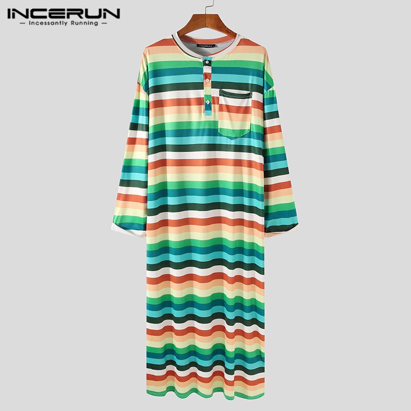 INCERUN Men Robes Striped Colorful Leisure O Neck Long Sleeve Bathrobes Loose Nightgown Comfortable Soft Men Dressing Gown S-5XL
