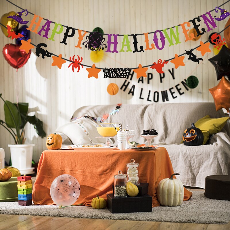 Halloween dekoration tegneserie kat stjerne flagermus heks græskar brev glad halloween banner bunting flag halloween fest hængende indretning