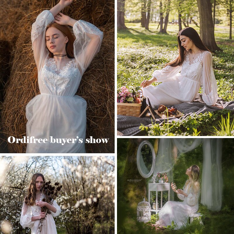 Ordifree sommer kvinner lang tyll kjole langermet broderi bryllup kall sexy hvit blondere maxi tunika strandkjole