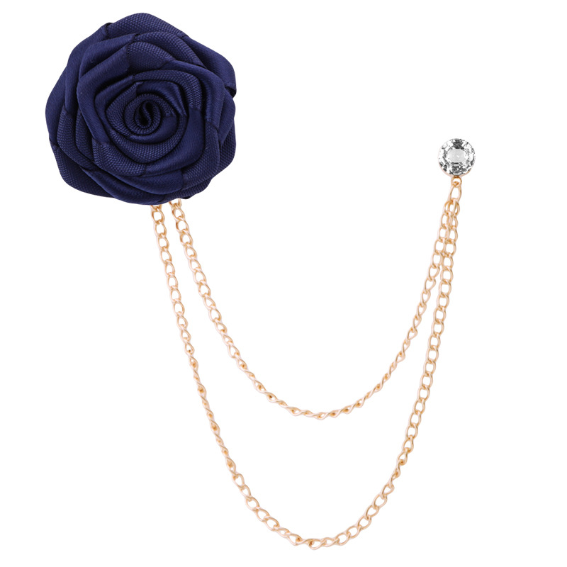 Korean Bridegroom Wedding Brooches Cloth Art Hand-made Rose Flower Brooch Lapel Pin Badge Tassel Chain Men's Suit Accessories: Blue