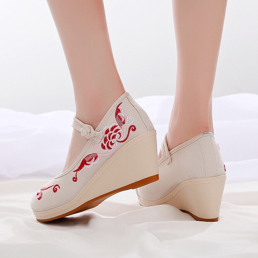 Women's Wedges Flowers Embroidered Canvas Shoes Chinese Style Casual Shoes black Folk Flower Embroideried Fabric Wedge shoes#smt