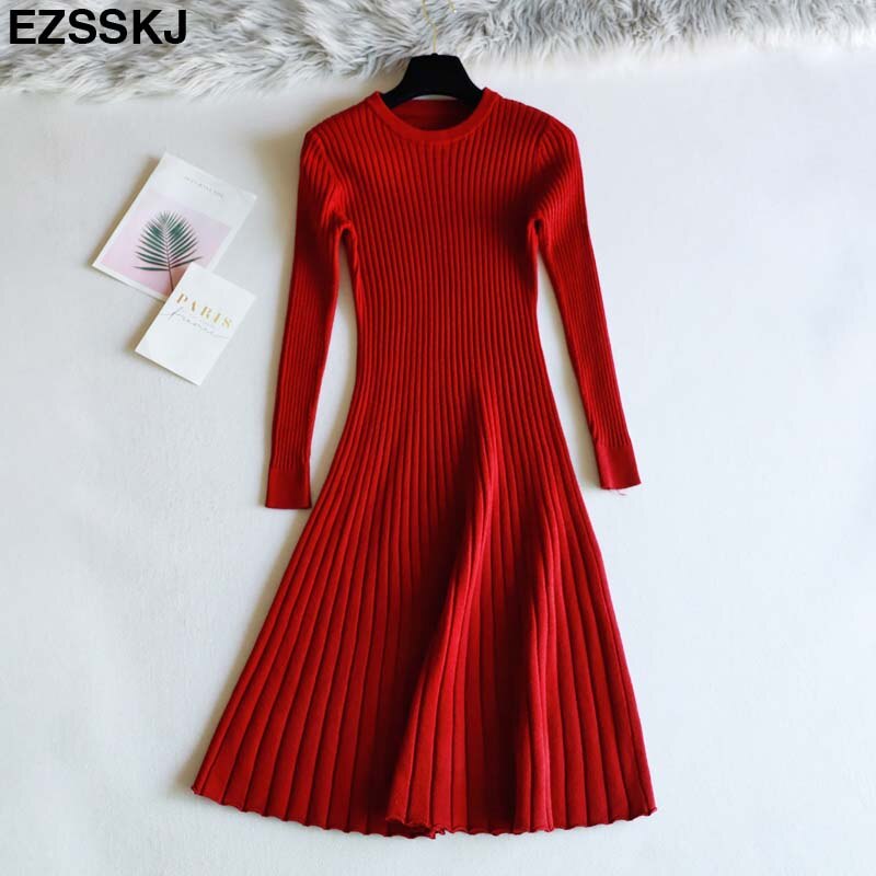 Vestido femenino de punto grueso con manga larga para otoño e invierno, traje básico con cuello redondo para mujer, corte en A, informal: Borgoña