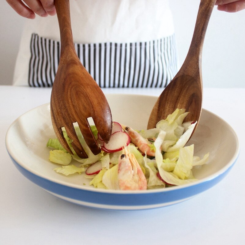 Servidores de ensalada de madera Juego de 4 cubiertos cuchara tenedor cuchara de ensalada de madera, tenedor agitador