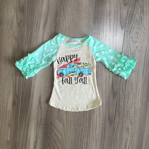 Babymeisjeskleding, halloween-raglanmouwen voor meisjes, t-shirts met ruches, t-shirts met pompoenprint, aquablauwe mouwen en pompoenprint.: 5t