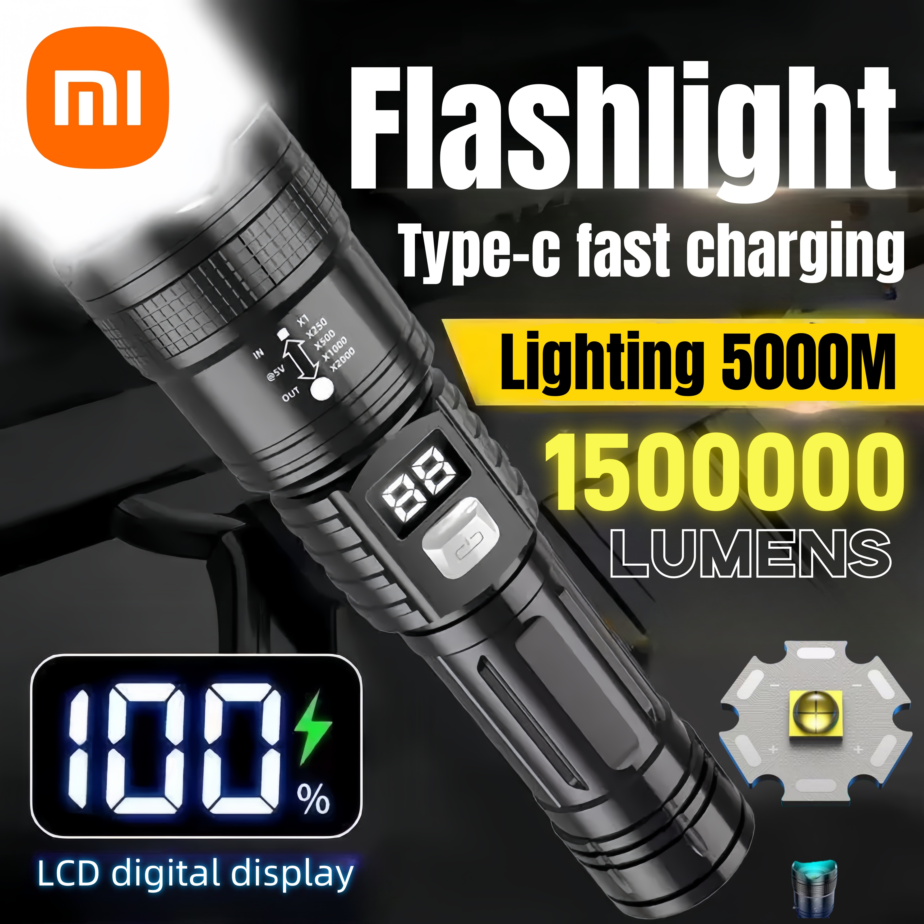 Xiaomi High Power LED Flashlight Rechargeable Flashlight With Side Light Super Bright Long Shot Outdoor Camping Hiking Emergency