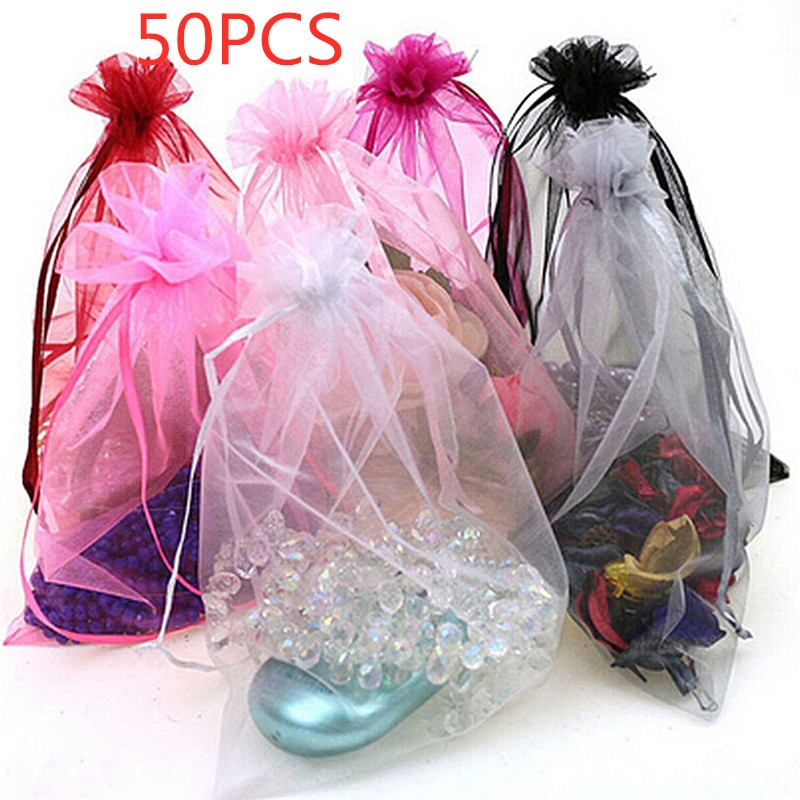 50pc Organza Taschen Schmuck Süssigkeit Tasche Hochzeit Bevorzugungen Taschen Gittergewebe Beutel