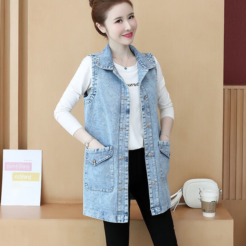 Chaqueta vaquera sin mangas para mujer, chaleco vaquero holgado de longitud media con botones, color azul claro, coreana, talla grande, informal: S(40kg-50kg)