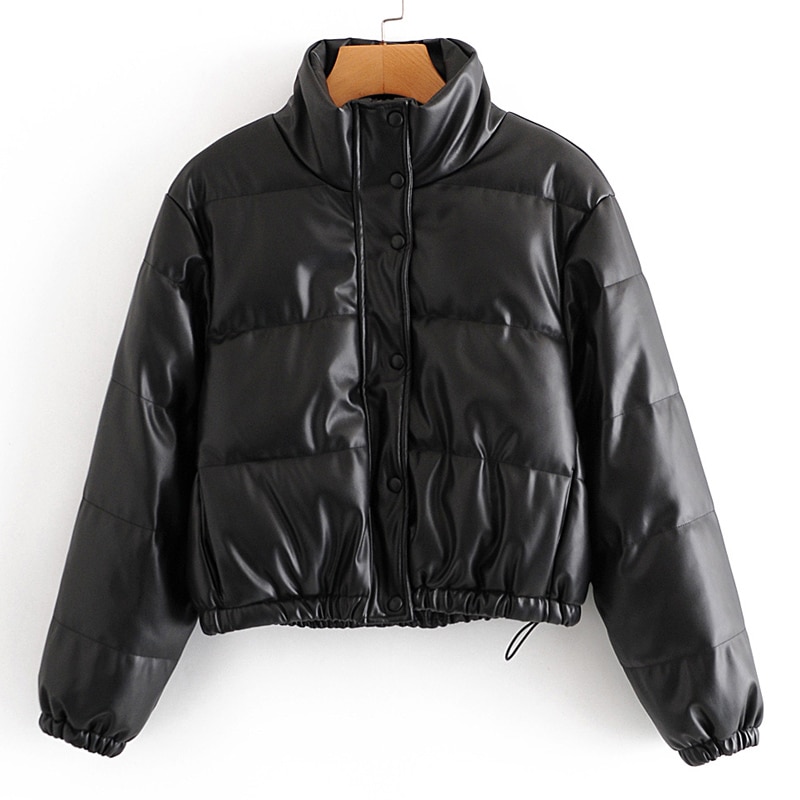 Rr casual stand krave parkas kvinder sorte frakker kvinder pu læder korte bomuldsjakker kvindelige damer hn