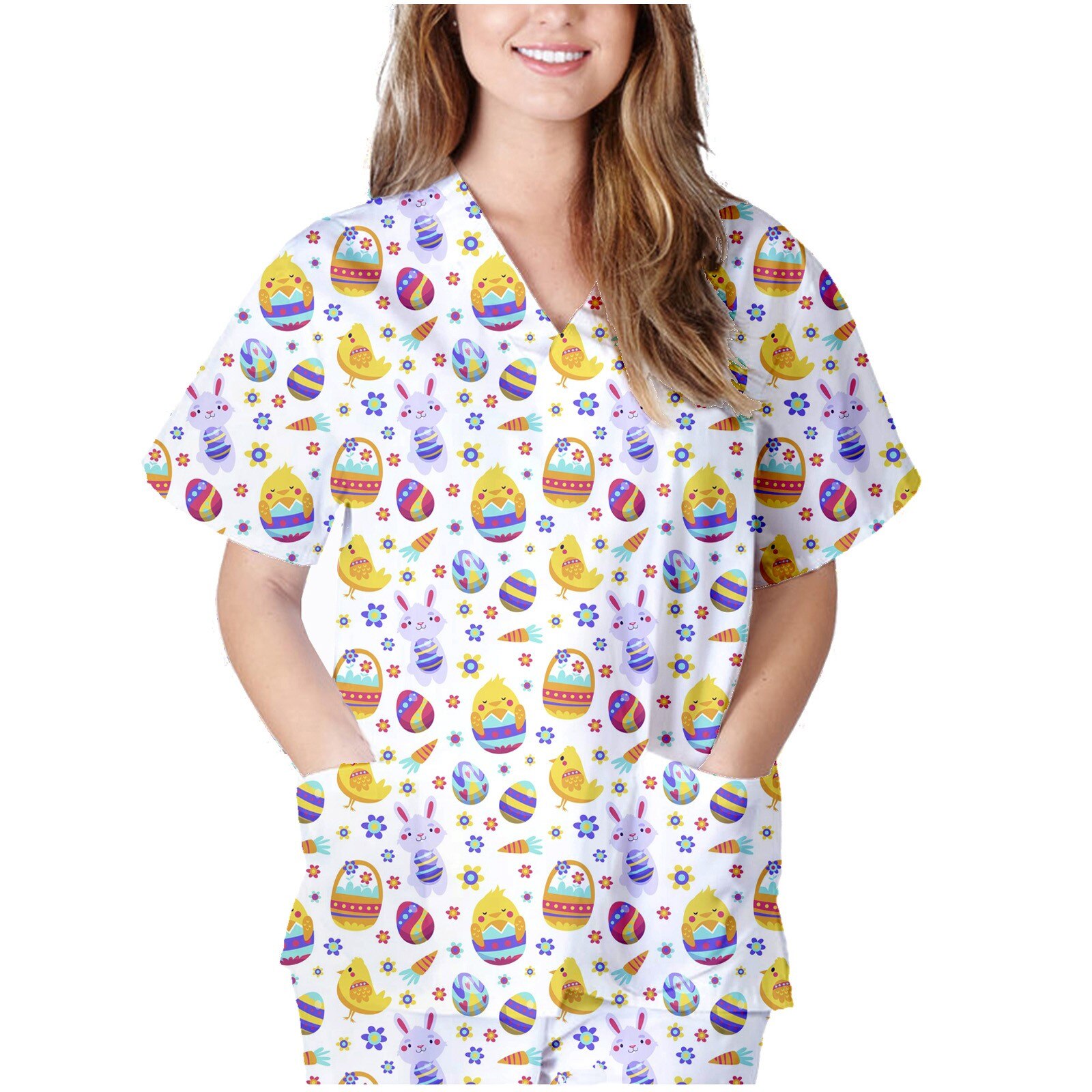 Women Cute Animal Print Nursing Scrubs Tops Shirt Casual Short Sleeve Scrubs Uniforms Nurse Blouse V-neck Pocket Women Clothes