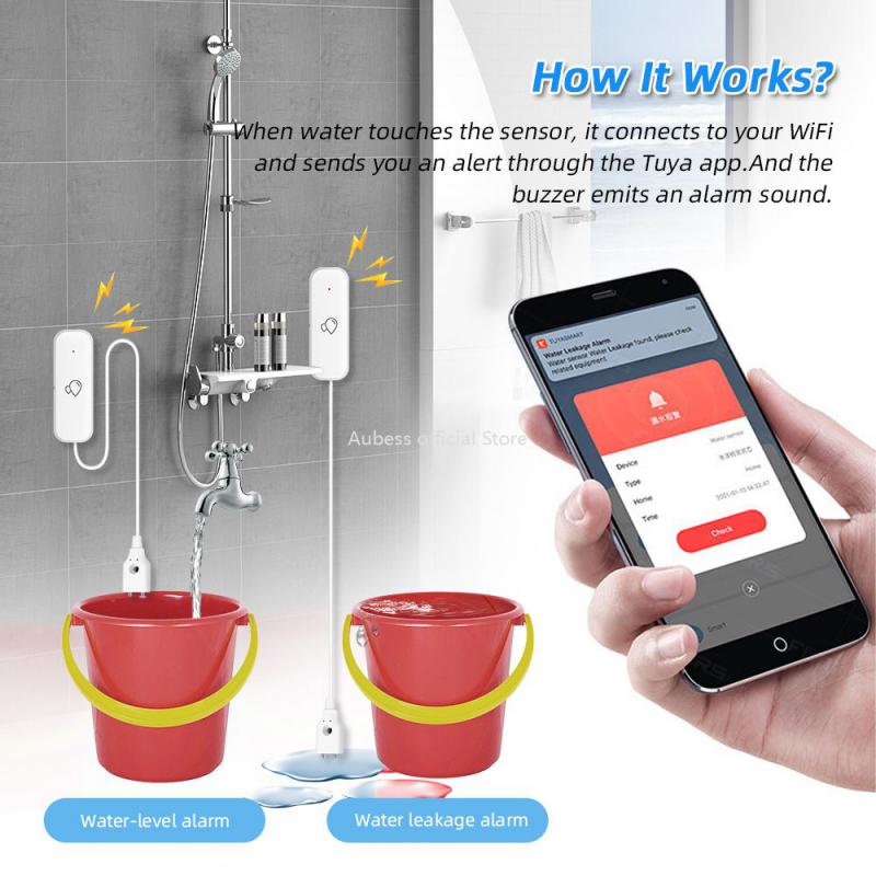 Aubess Tuya WiFi ZigBee Water Leak Detector Water Leakage Sensor with Buzzer Overflow Detector via Smart Life Remote Monitoring