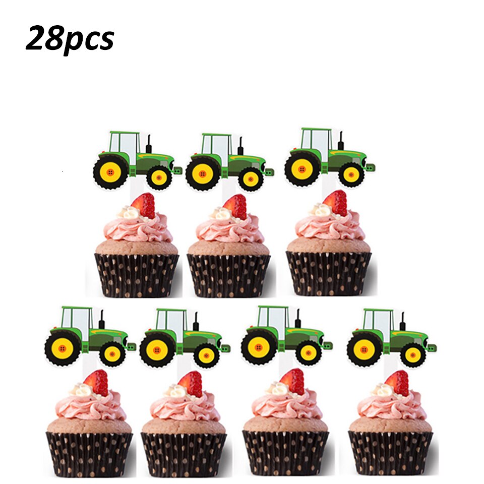 1 Set Of Farm Green Theme Engineering Car Happy Birthday Banner Tractor Party Decoration Truck Excavator Balloon Cake Topper: green tractor topper