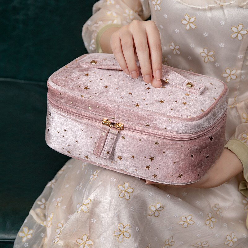 PURDORED 1 Pc Vintage Shining Star Cosmetic Bag Women Zipper Velvet Large Makeup Bag Female Travel Make Up Storage Beauty Case: pink