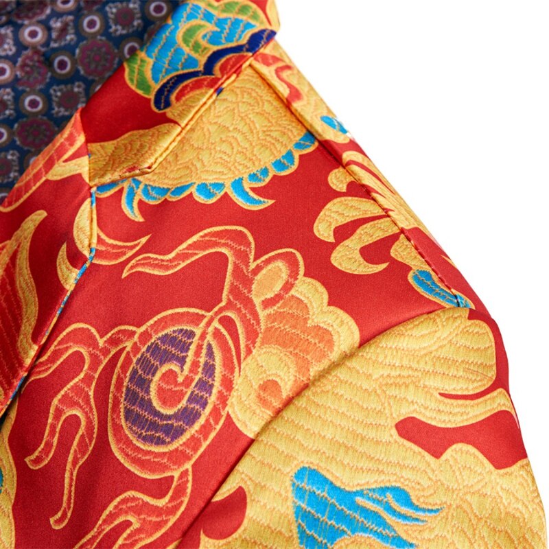 Plyesxale-Chaqueta informal de estilo chino para hombre, Blazer Rojo Dorado con estampado de dragón, para baile de graduación y escenario, Q474,