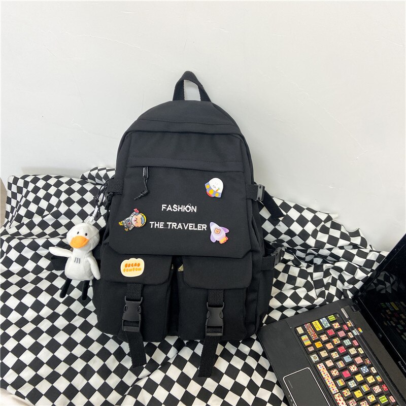 Moda wodoodporne kobiety plecaki nylonowa płócienna torba na ramię kobieta Bagpack duże tornistry szkolne dla nastolatka: Black / With pendant