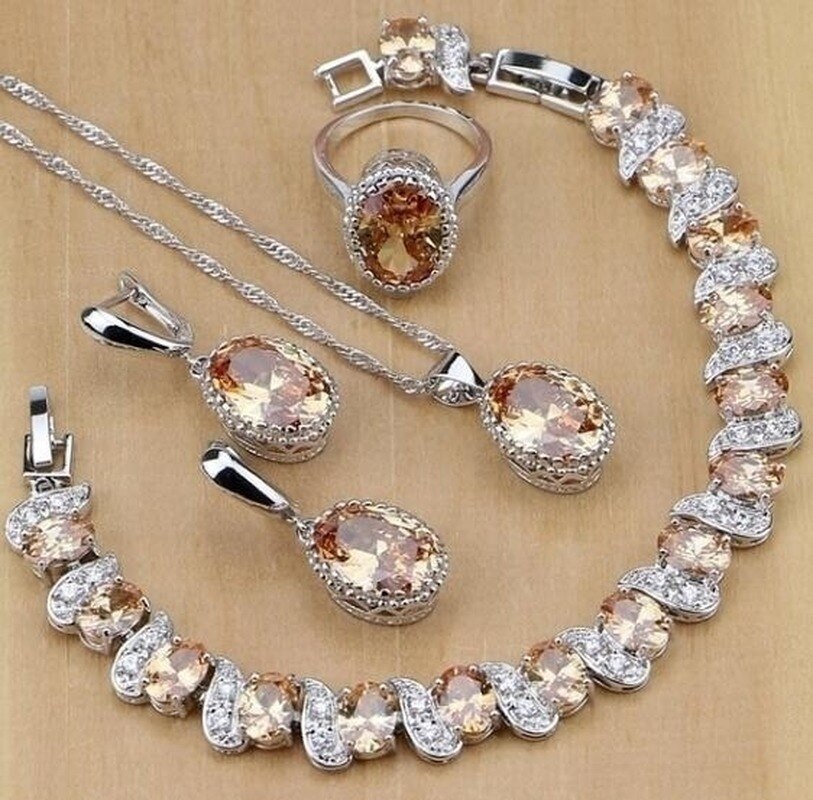 Rainbow Mystic Fire for Women Wedding Necklace Pendant Bracelet Ring Set Jewelry: Champagne-6