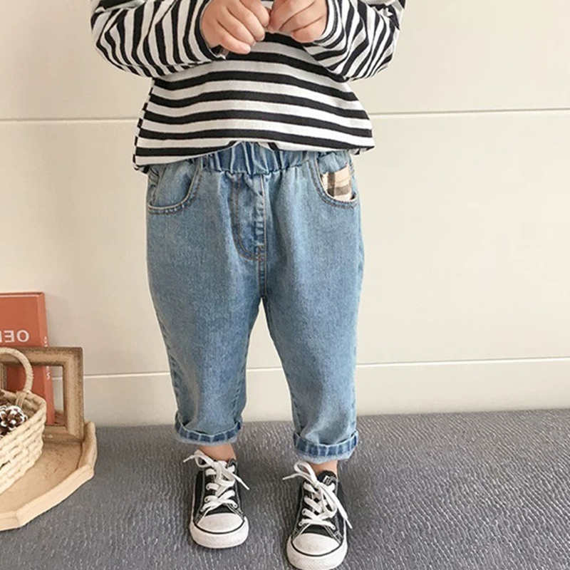 Herfst &amp; Lente Kids Jeans Kaki Plaid Pocket Broek Voor Boy &amp; Girl Kids Harembroek Kleding Voor Kinderen denim Broek
